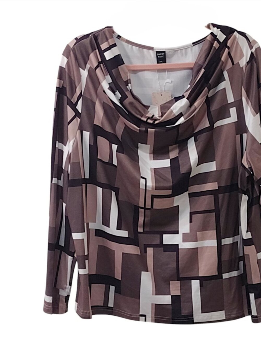 Emery Rose Blouse, Size 2XL, Taupe, Brown, Beige, Black, White